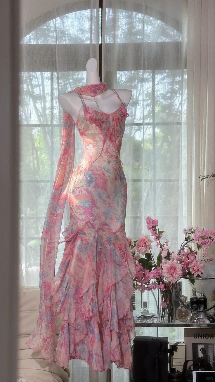 Superbe robe de bal longue sirène à bretelles spaghetti en mousseline imprimée C4645