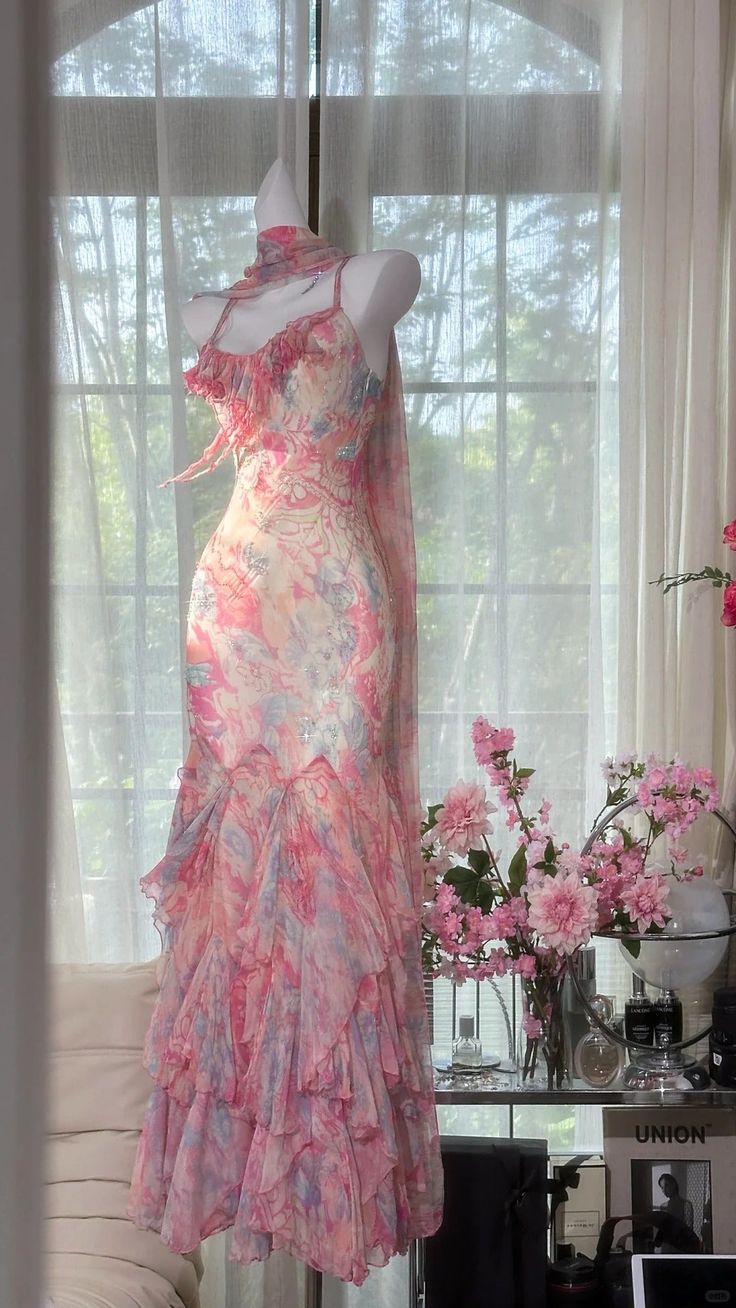 Superbe robe de bal longue sirène à bretelles spaghetti en mousseline imprimée C4645