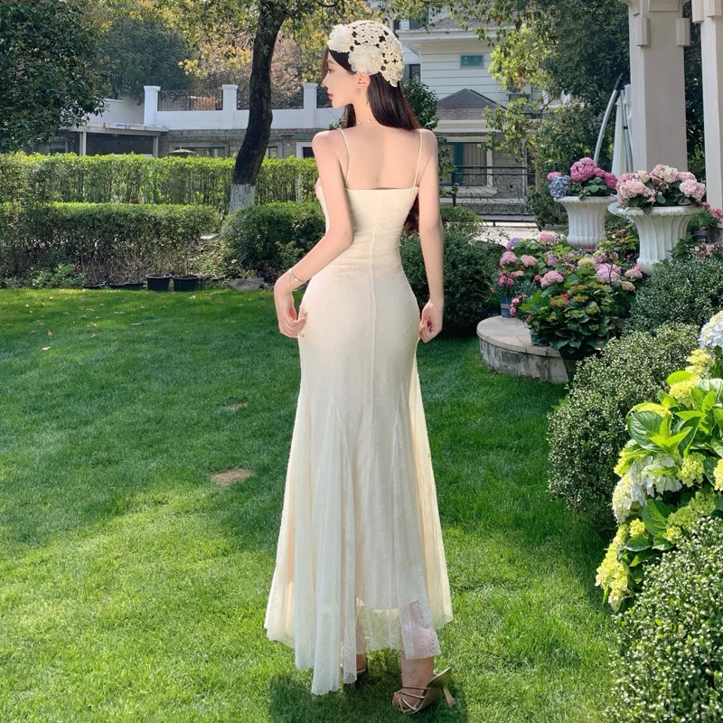Charmante robe de bal sirène à bretelles spaghetti en satin et dentelle avec appliques, longue, robe de soirée C4649