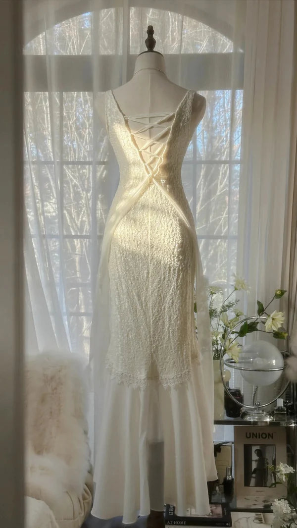 Robe de bal longue en satin et mousseline de soie, col en V, style sirène, unique, C4650