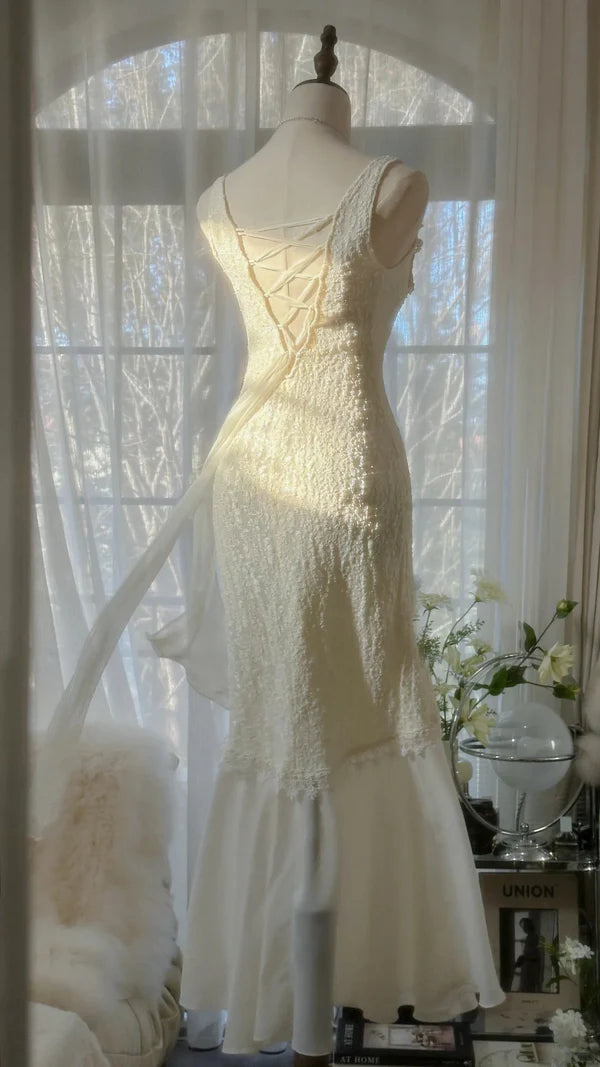 Robe de bal longue en satin et mousseline de soie, col en V, style sirène, unique, C4650