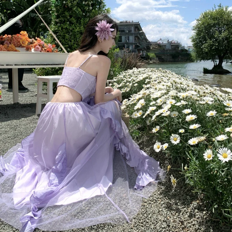 Robe de bal longue lilas à bretelles spaghetti en satin et tulle à volants, coupe trapèze, robe de soirée C4651