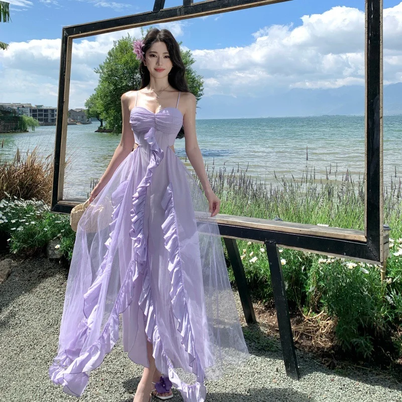Robe de bal longue lilas à bretelles spaghetti en satin et tulle à volants, coupe trapèze, robe de soirée C4651