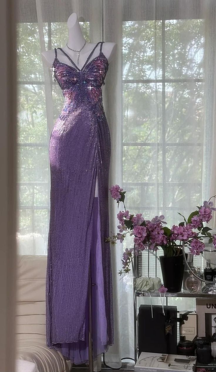 Superbe robe de bal sirène à bretelles spaghetti en satin violet à paillettes, longue, robe de soirée C4653