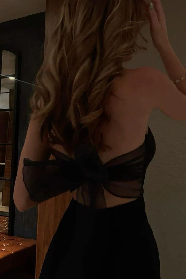 Robe de bal longue en satin noir, style sirène, sans bretelles, fendue, C4660