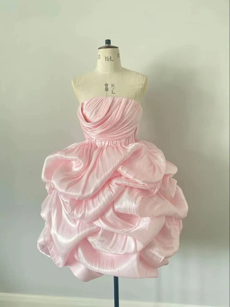 Sweet Pink Ball Gown Strapless Satin Short Homecoming Dress 17th Birthday Outfits C4666