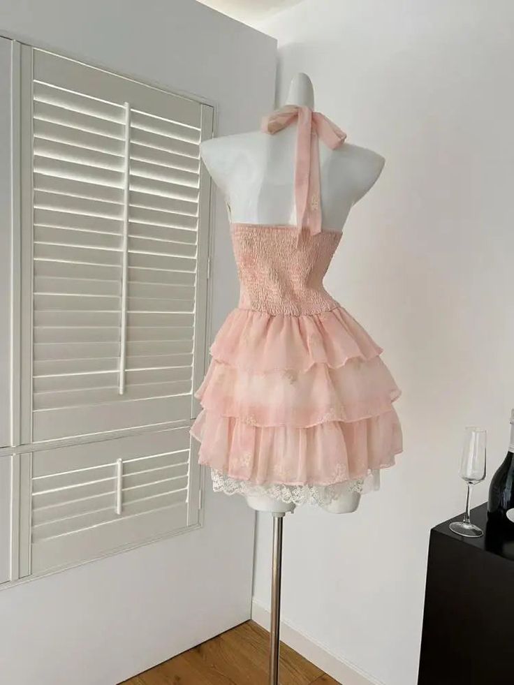 Classy A Line Halter Chiffon Lace Tiered Short Homecoming Dress 16th Birthday Outfits C4668