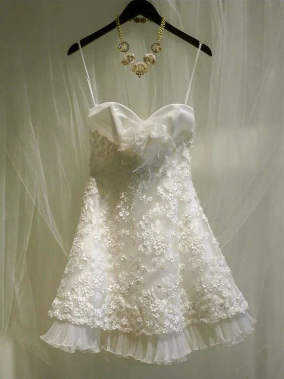 Sweet A Line Spaghetti Straps Satin Applique Short Homecoming Dress 16th Birthday Outfits C4707