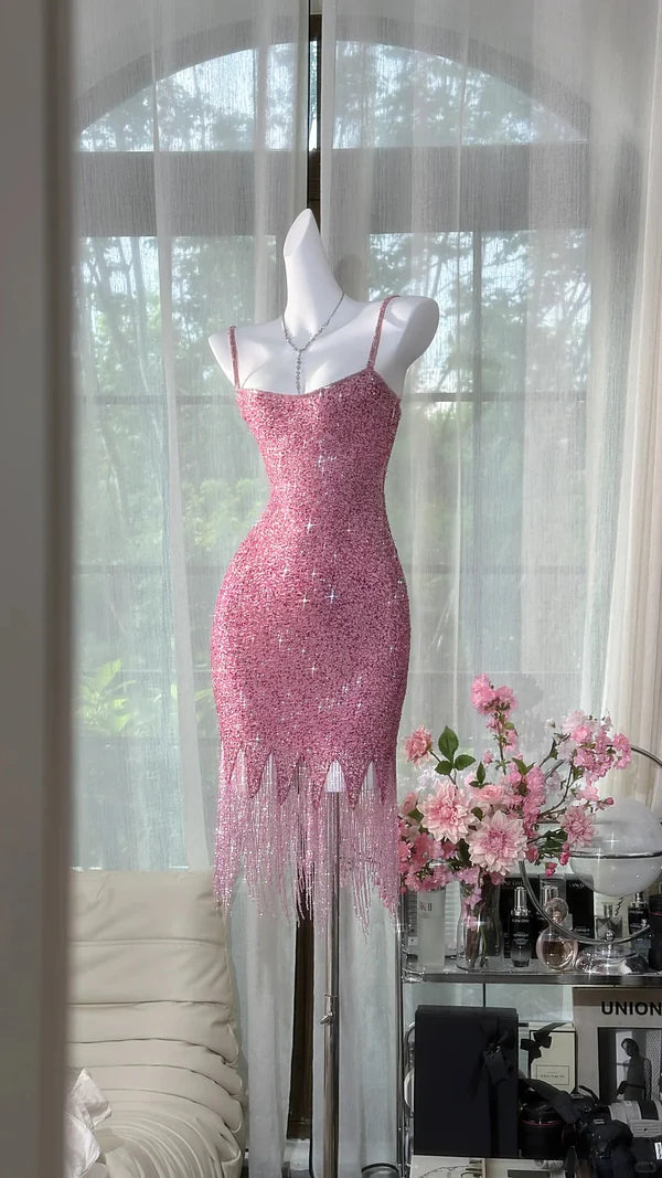 Sparkly Pink Mermaid Spaghetti Straps Sequin Tassel Short Homecoming Dress 19th Birthday Outfits C4710