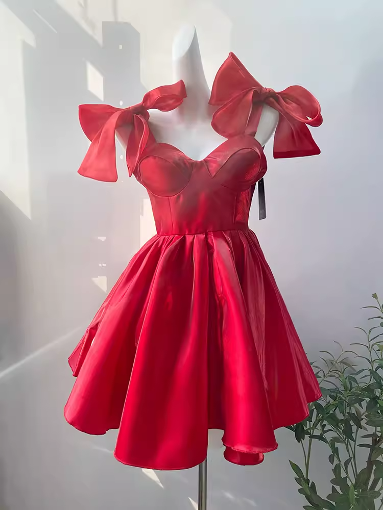 Robe d'anniversaire courte ligne A, Simple, bretelles Spaghetti, robes de soirée rouges, C472