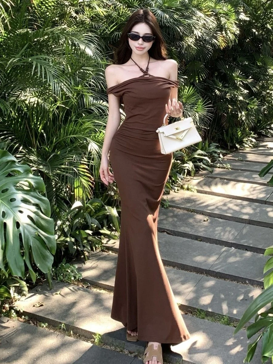 Robe de bal longue en satin, élégante, style sirène, épaules dénudées, C4732
