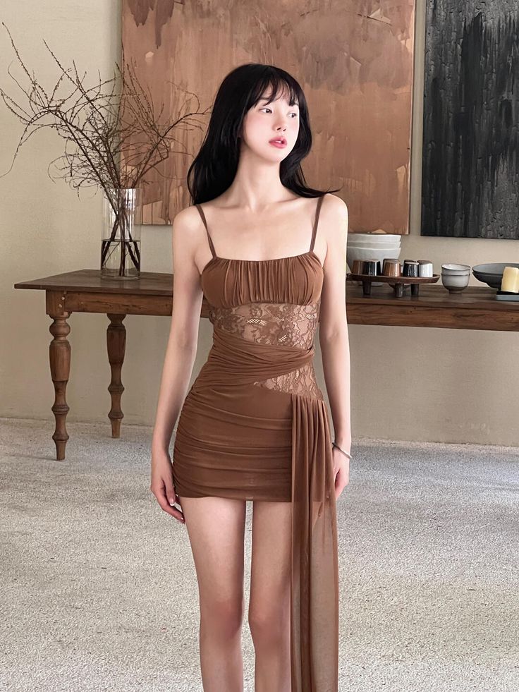 Unique Mermaid Spaghetti Straps Brown Chiffon Lace Short Homecoming Dress 17th Birthday Outfits C4744
