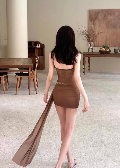Unique Mermaid Spaghetti Straps Brown Chiffon Lace Short Homecoming Dress 17th Birthday Outfits C4744