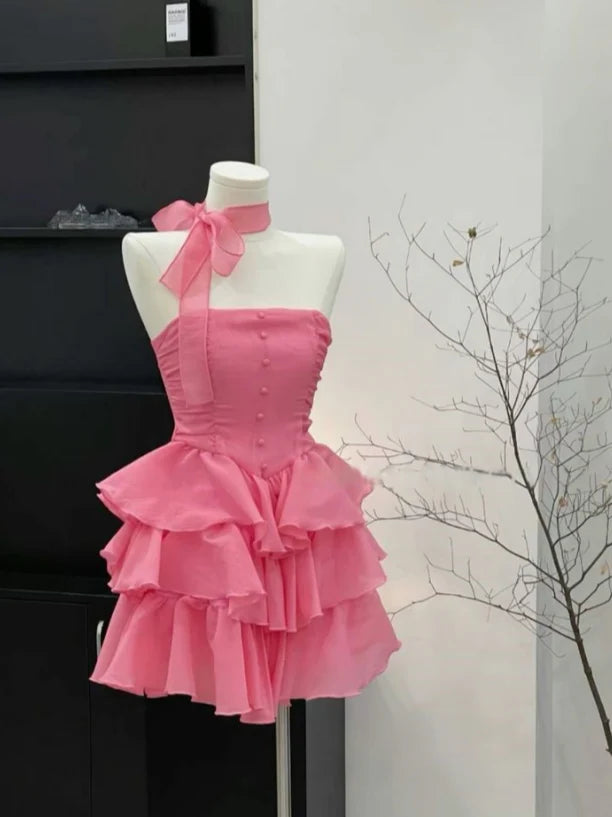 Pretty A Line Strapless Satin Tiered Short Homecoming Dress 16th Birthday Outfits C4755