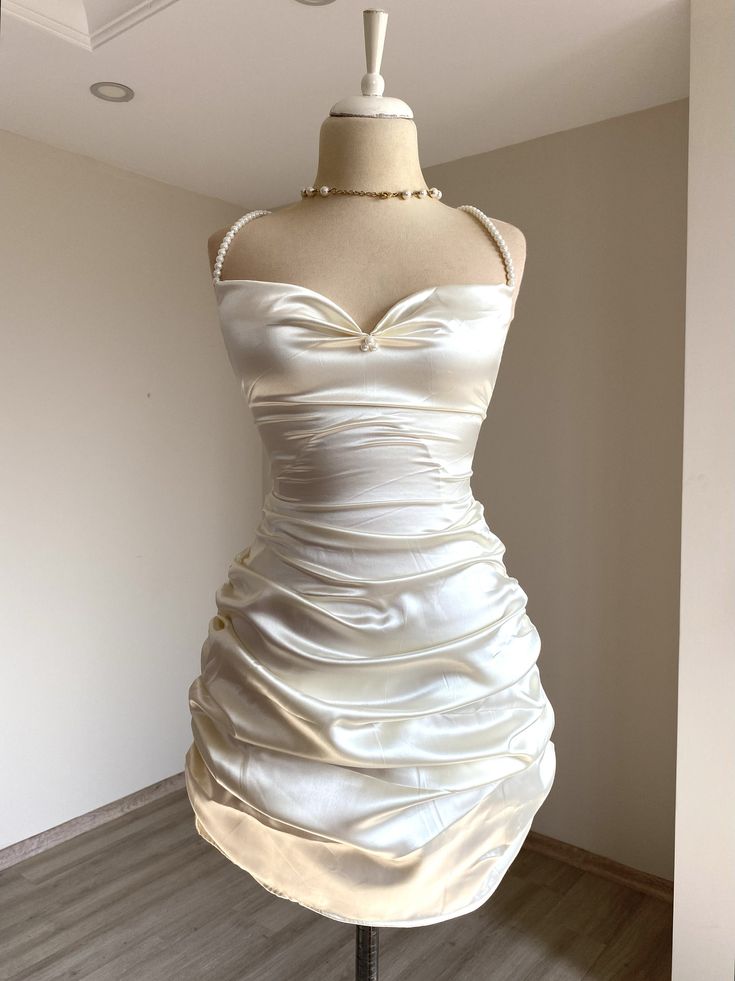 Mermaid Spaghetti Straps Satin Beads Pleated Short Homecoming Dress 19th Birthday Outfits C4756