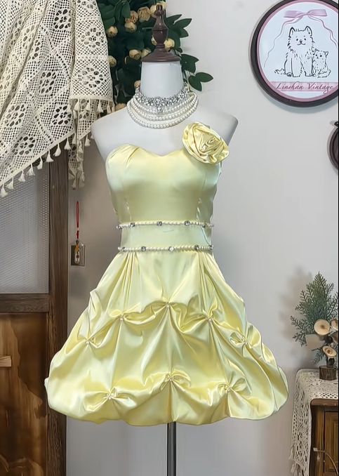 Pastel Yellow A Line Strapless Satin Beads With Flower Short Homecoming Dress 17th Birthday Outfits C4790