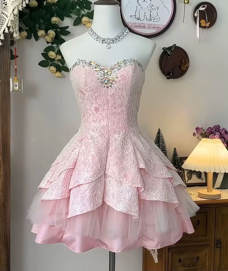 Sweet 16th Pink A Line Sweetheart Satin Tulle Lace Beads Short Homecoming Dress Birthday Outfits C4791