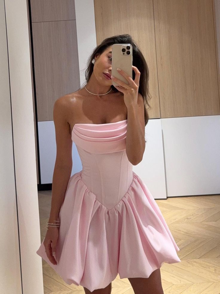Pretty A Line Strapless Pink Satin Short Homecoming Dress 18th Birthday Outfits C4799