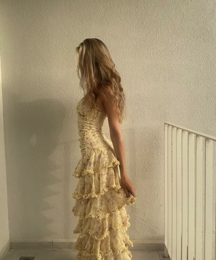 Stunning A Line Strapless Chiffon Printed Tiered Long Prom Dresses Formal Dress C4827