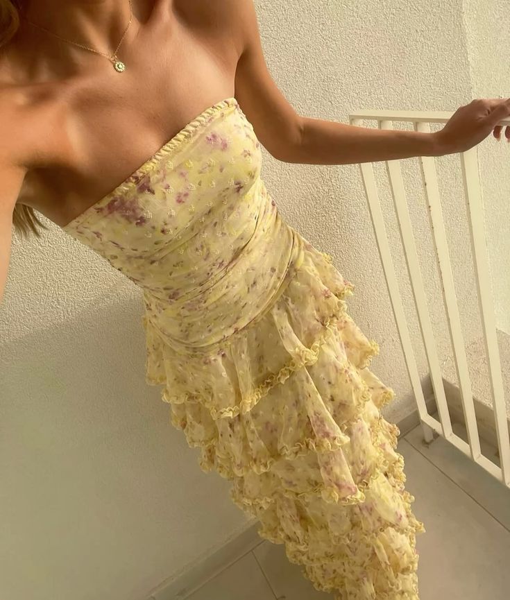 Stunning A Line Strapless Chiffon Printed Tiered Long Prom Dresses Formal Dress C4827