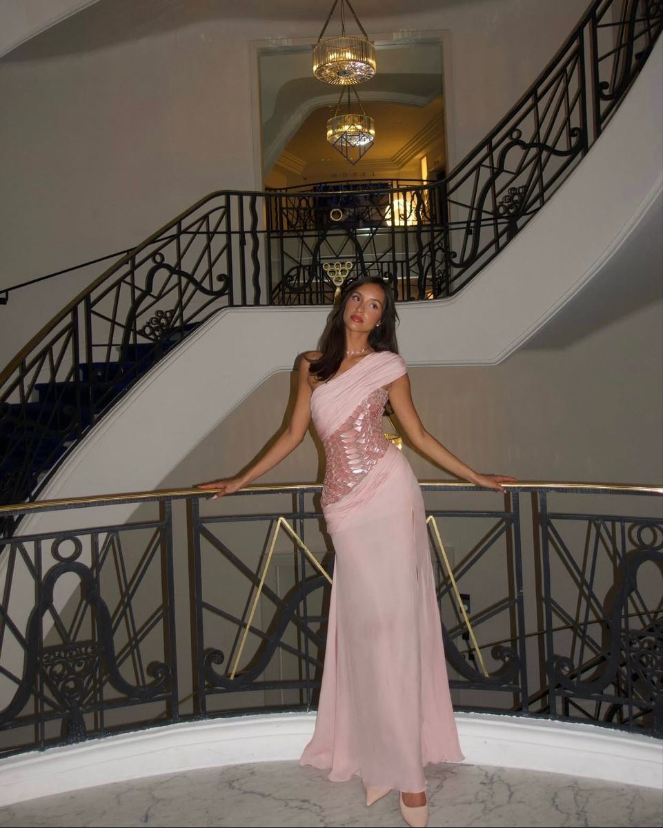Unique Pink Mermaid One Shoulder Chiffon Sequin Slit Long Prom Dresses Formal Dress C4840