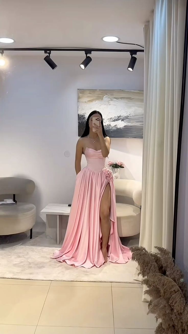 Pretty A Line Strapless Pink Satin Beads With Slit Long Prom Dresses Formal Dress C4843