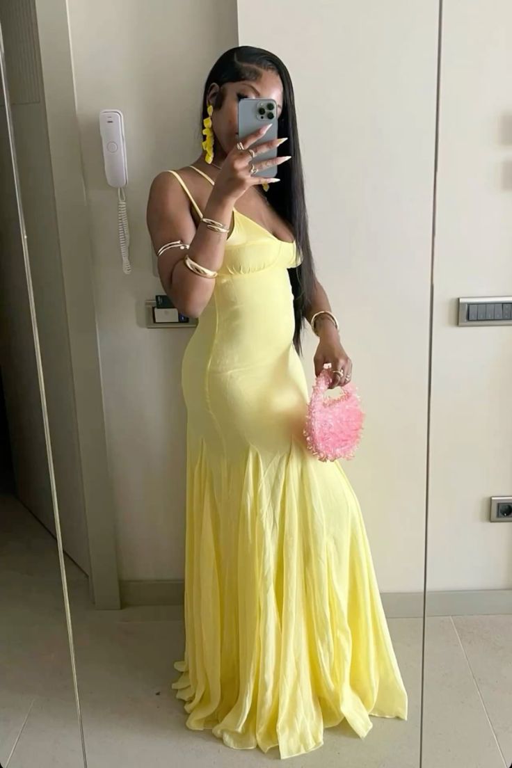 Robe de bal longue en satin jaune, sexy, style sirène, bretelles spaghetti, C4846