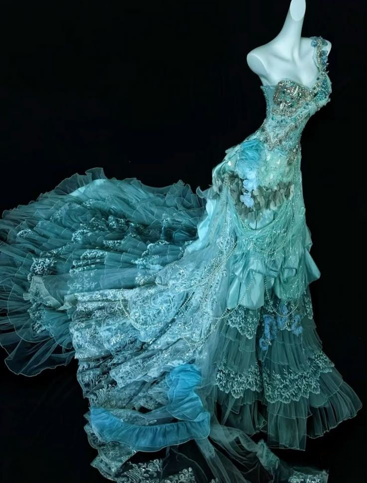 Superbe robe de bal longue sirène asymétrique en tulle et dentelle avec perles C4883