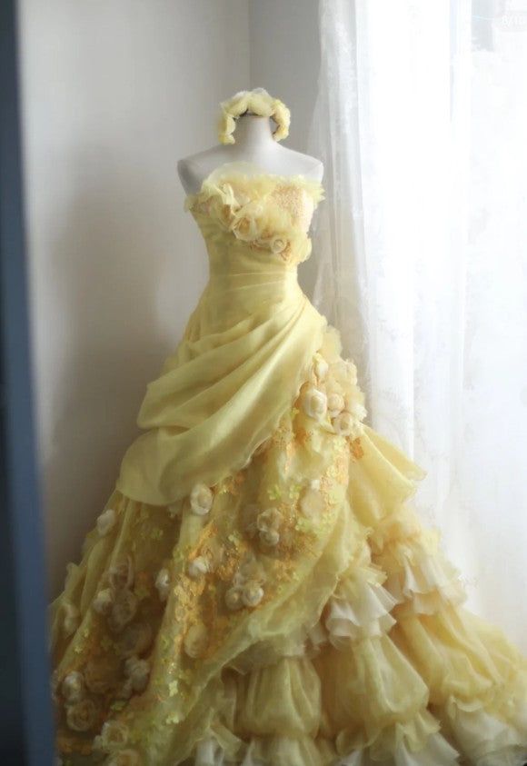Robe de bal jaune bustier en satin et mousseline de soie, longue robe de soirée à fleurs, C4889