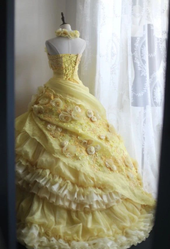 Robe de bal jaune bustier en satin et mousseline de soie, longue robe de soirée à fleurs, C4889