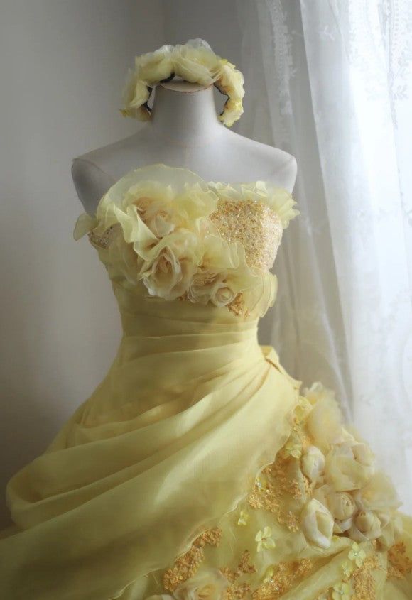 Robe de bal jaune bustier en satin et mousseline de soie, longue robe de soirée à fleurs, C4889