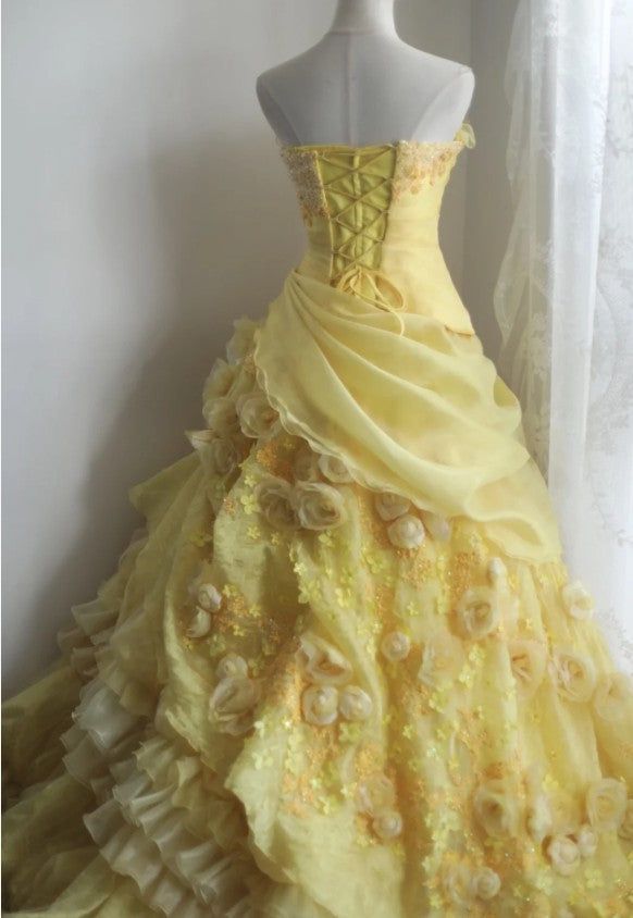 Robe de bal jaune bustier en satin et mousseline de soie, longue robe de soirée à fleurs, C4889