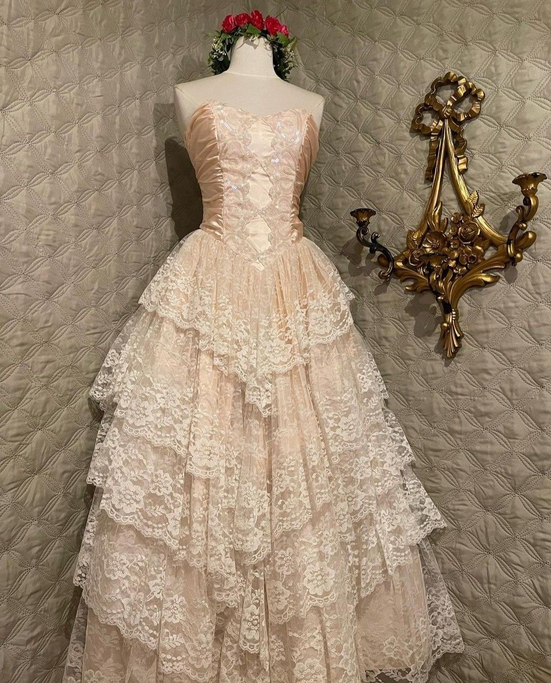 Classy Ball Gown Strapless Satin Lace Tiered Long Prom Dresses Formal Dress C4891