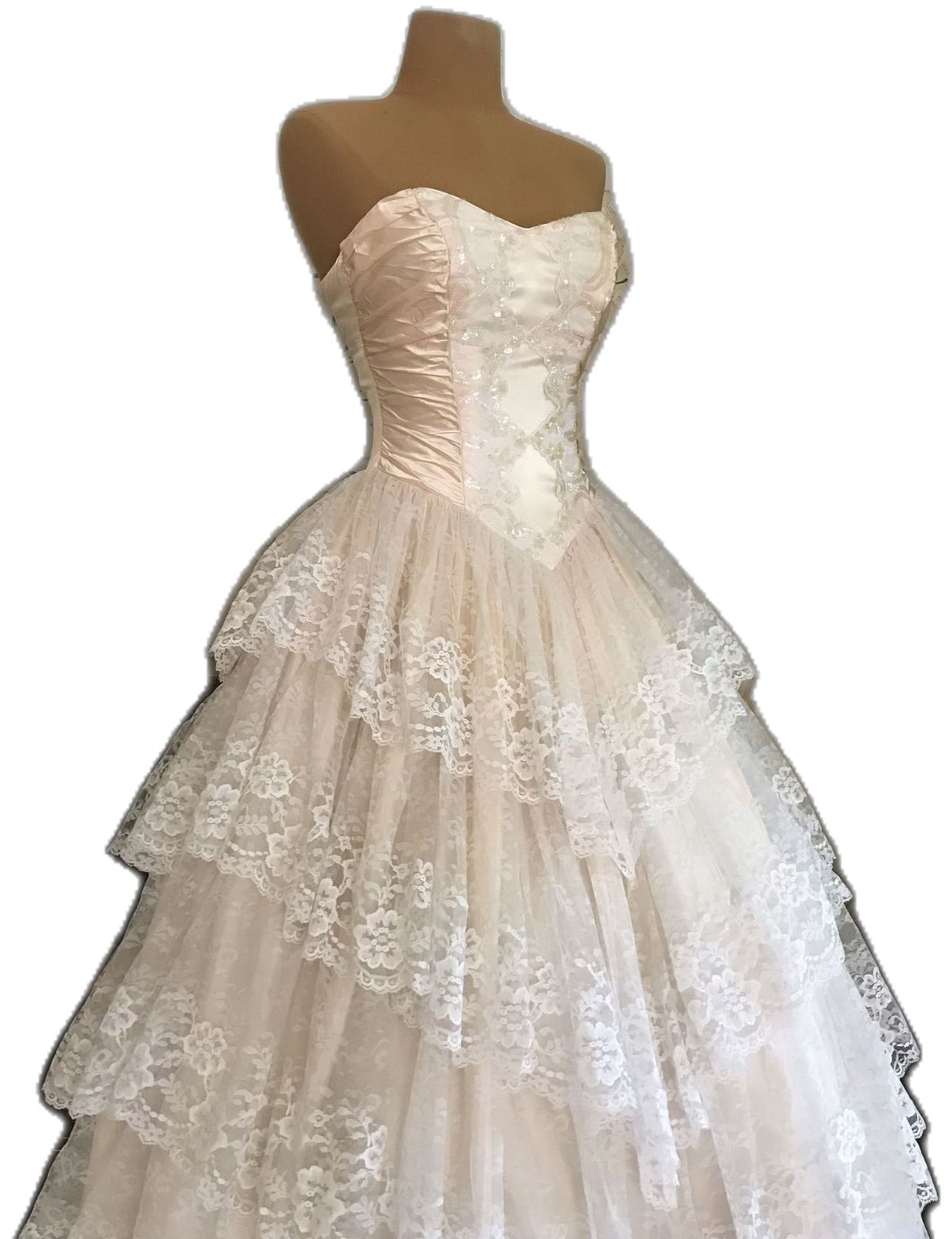 Classy Ball Gown Strapless Satin Lace Tiered Long Prom Dresses Formal Dress C4891