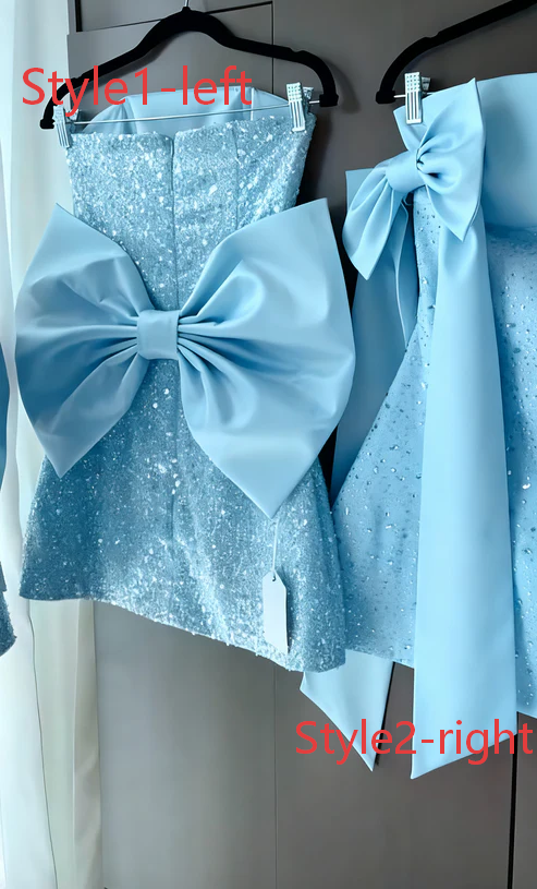 Sparkly A Line Strapless Satin Sequin Backless With Bow Short Homecoming Dress 19th Birthday Outfits C4893