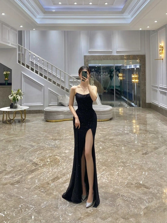 Pretty Mermaid Strapless Satin Sequin Slit Long Prom Dresses Formal Dress C4959