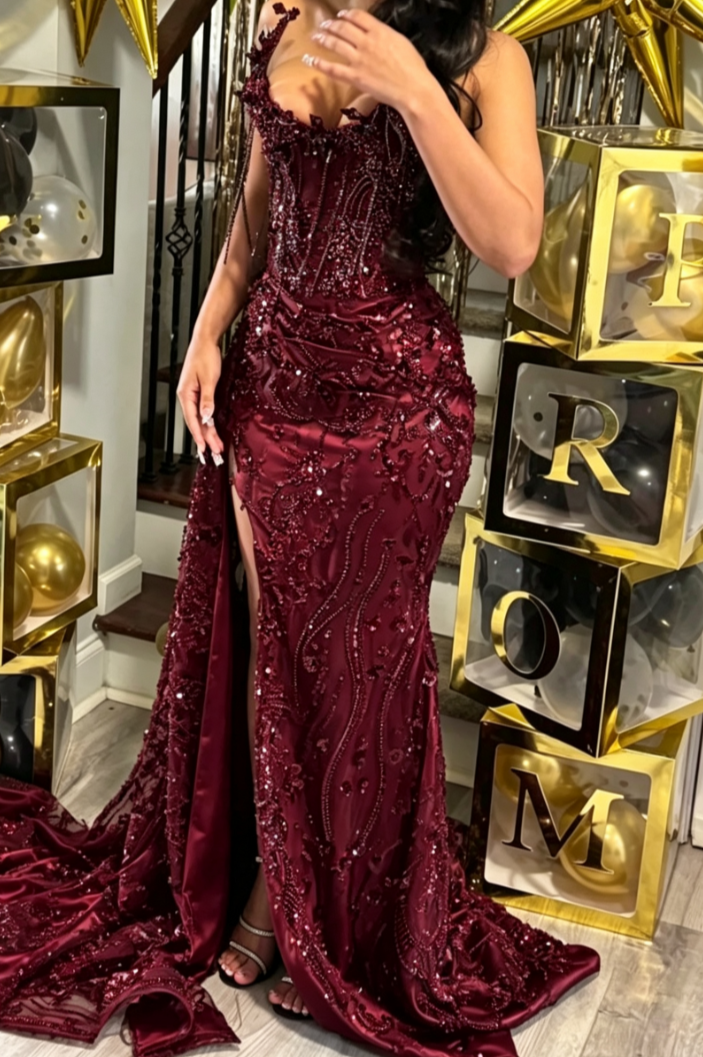Gorgeous Mermaid Strapless Black Satin Sequin Beads Slit Long Prom Dresses Formal Dress C4965