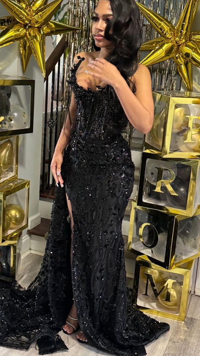 Superbe robe de bal longue en satin noir à paillettes et perles, style sirène, sans bretelles, fendue, C4965