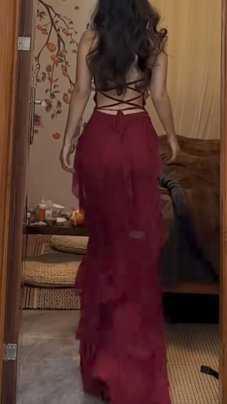 Pretty Mermaid Halter Burgundy Satin Chiffon Ruffles Backless Long Prom Dresses Formal Dress C4998