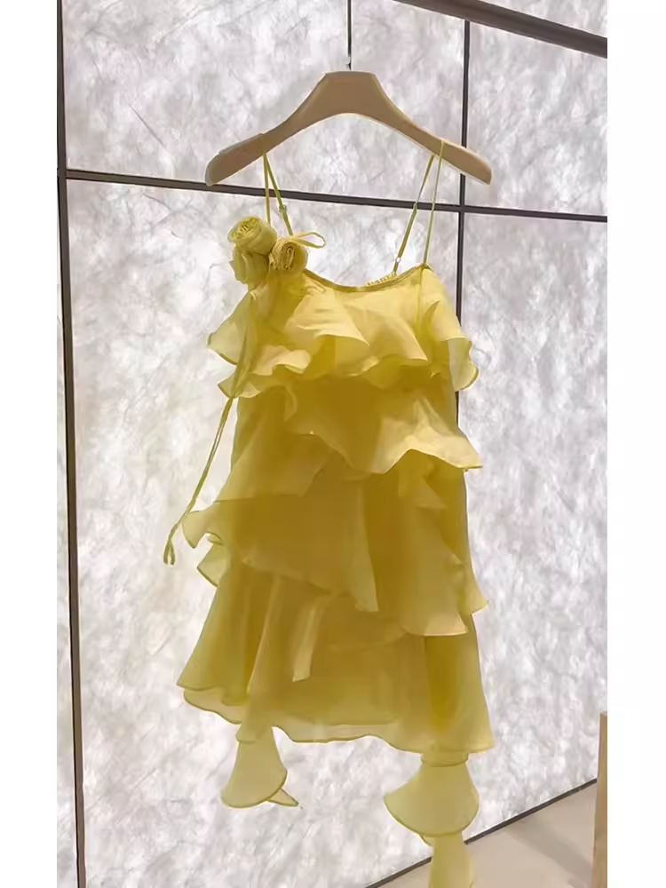 Robe d'anniversaire courte ligne A Simple, robes de soirée en mousseline de soie jaune, C505