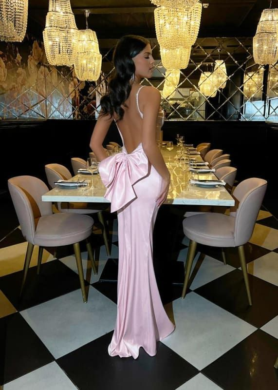 Robe de bal longue en satin rose, dos nu, bretelles spaghetti, style sirène, avec nœud, C5086