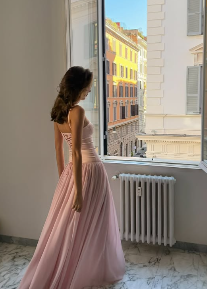 Elegant A Line Spaghetti Straps Pink Satin Long Prom Dresses Formal Dress C5089