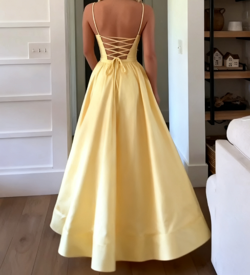 Classic A Line Spaghetti Straps Pastel Yellow Satin Long Prom Dresses Formal Dress C5092