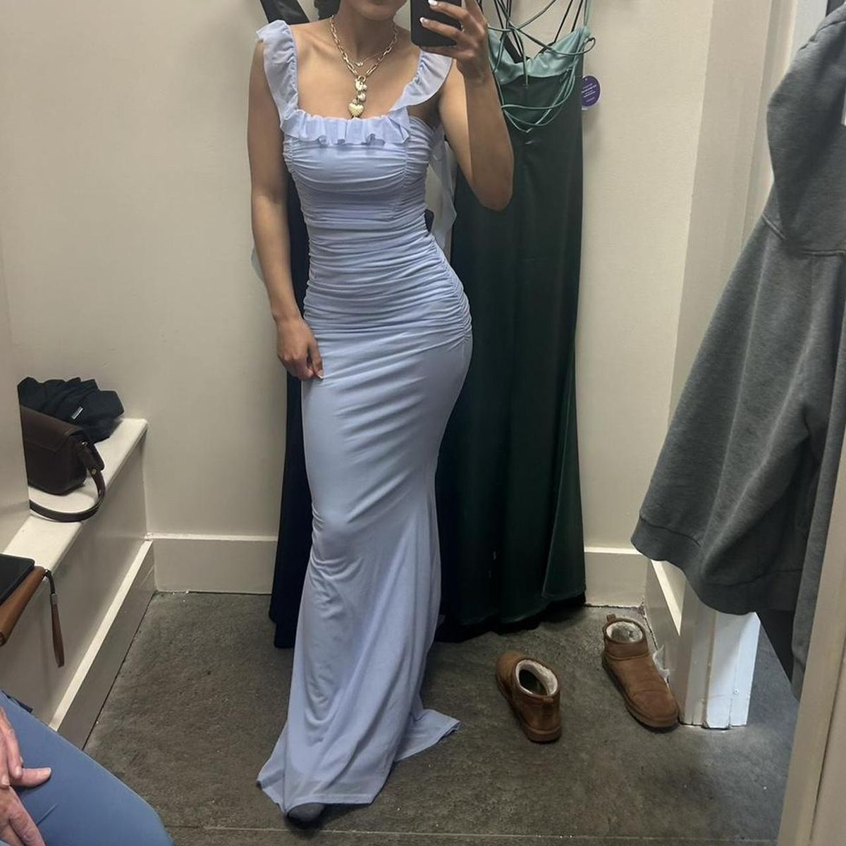 Elegant Mermaid Square Lavender Satin Pleated Ruffles Long Prom Dresses Formal Dress C5101