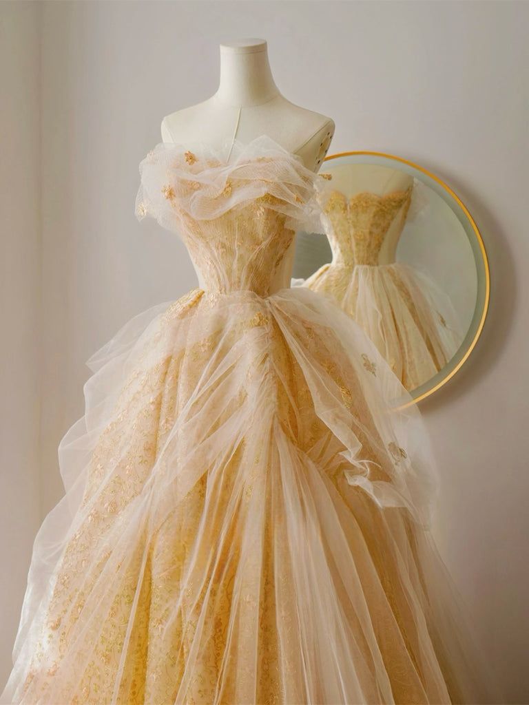 Robe de bal longue en tulle et dentelle, coupe trapèze, sans bretelles, C5123