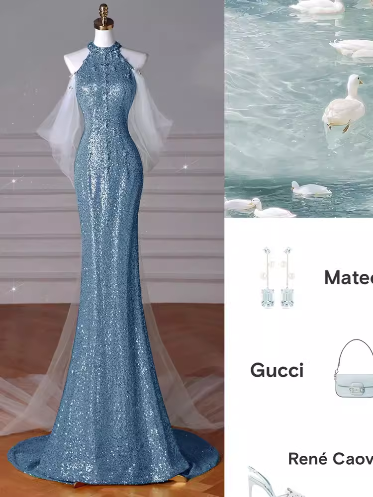 Robes de bal bleues sexy sirène à paillettes C51