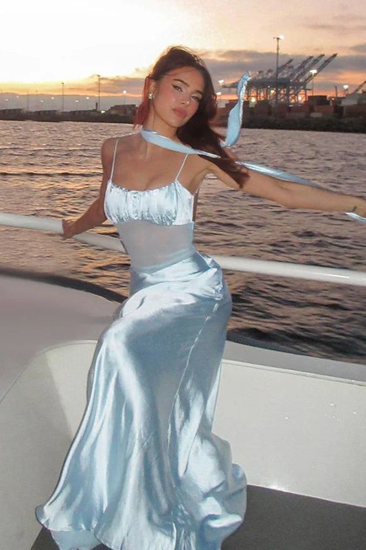 Robe de bal longue sirène en satin à bretelles spaghetti et tulle transparent C5214