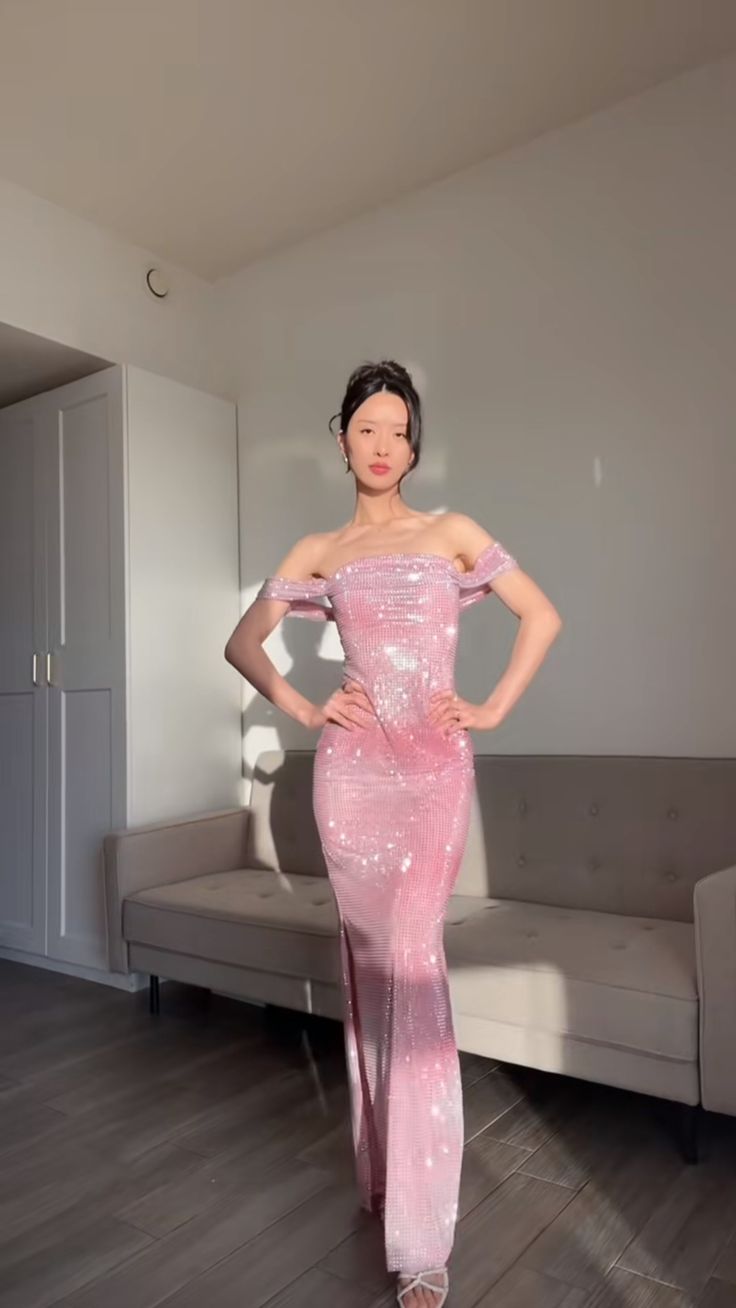 Robe de bal longue en satin rose à paillettes et épaules dénudées, style sirène, brillante, C5221