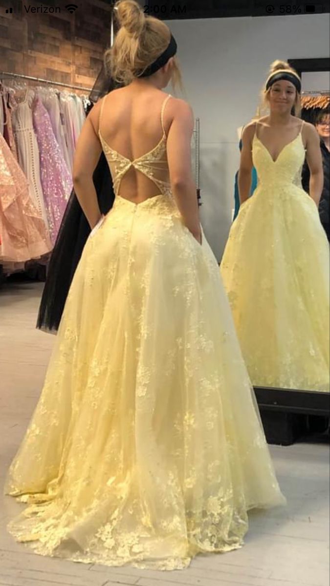 Pretty Pastel Yellow A Line Spagehtti Straps Tulle Lace With Pocket Long Prom Dresses Formal Dress C5646