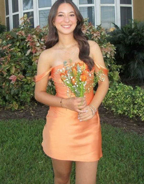 Elegant A Line Off The Shoulder Orange Satin Short Homecoming Dress 18th Birthday Outfits C5672